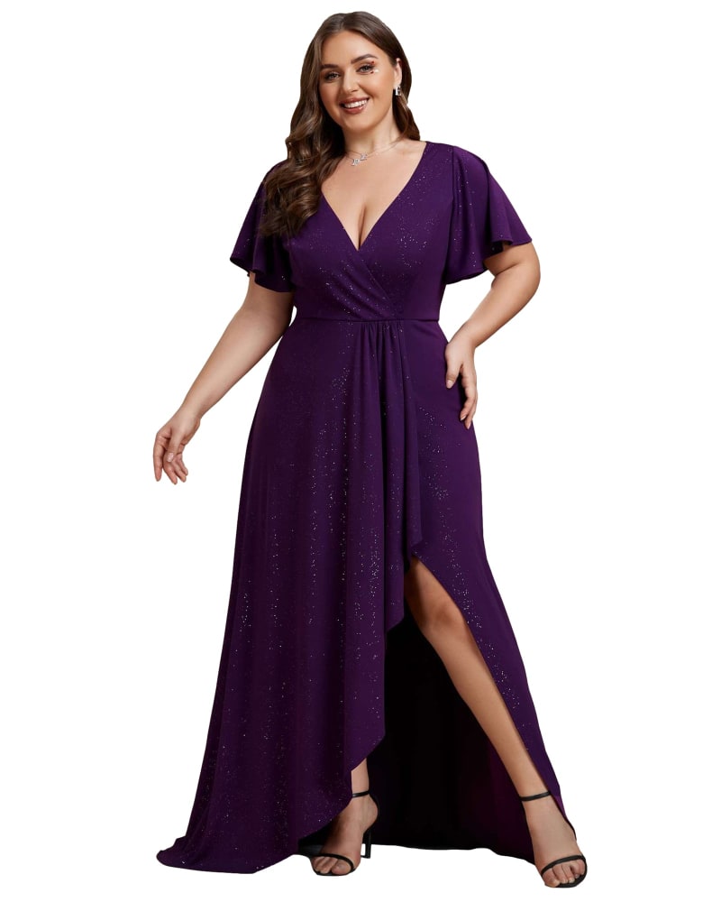 Front of a model wearing a size 24 Glitter High-Low Front Side Slit Ruffled V-Neck Evening Dress in Dark Purple by Ever-Pretty. | dia_product_style_image_id:328314